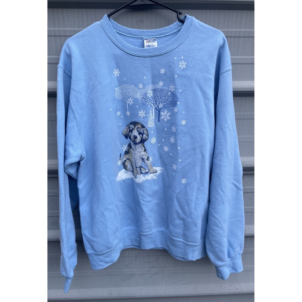 Vintage Y2K Jerzees NuBlend Puppy Dog Sweatshirt Size Medium Blue Winter Graphic